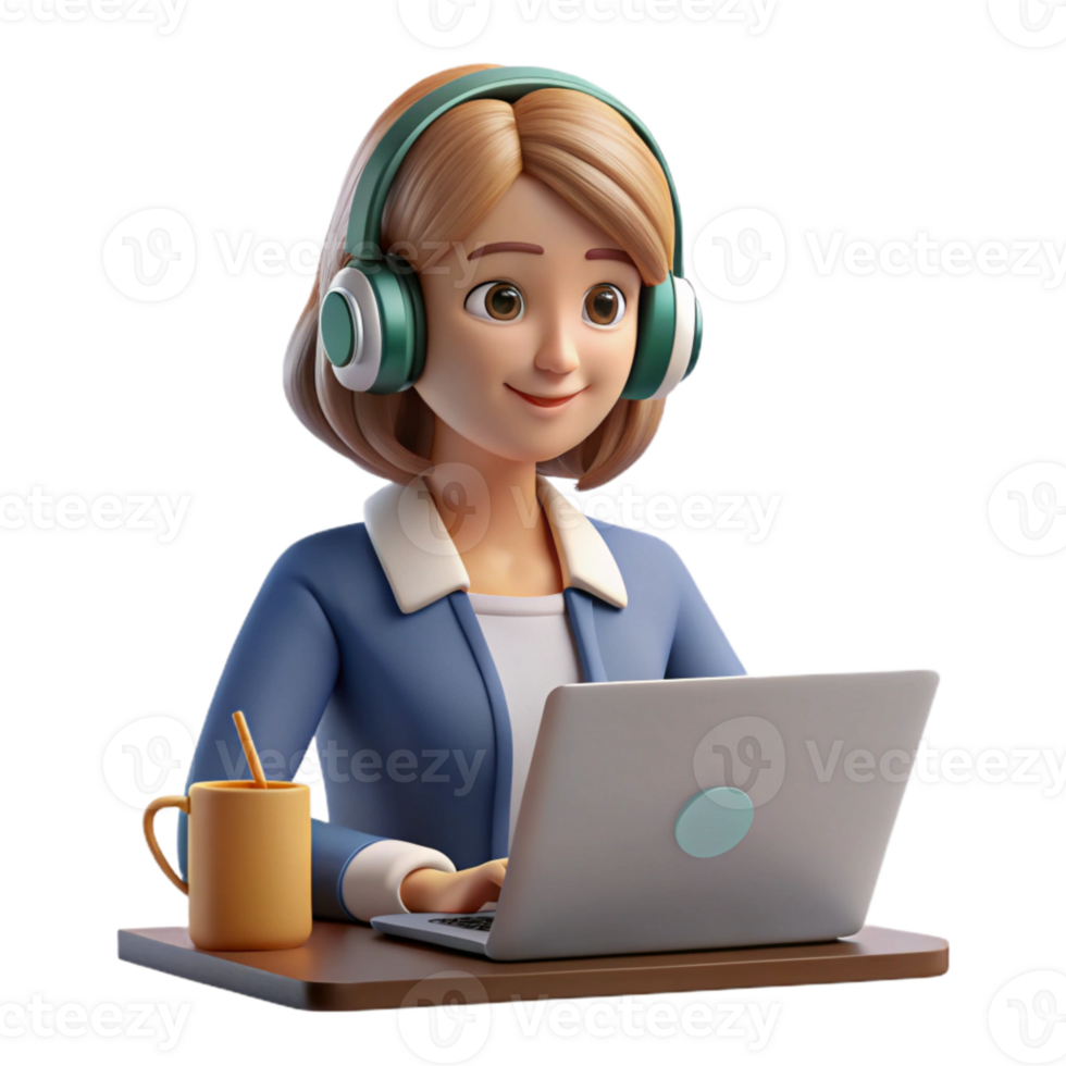 magnificent contemporary Woman with Headphones at Computer Cutout genuine png