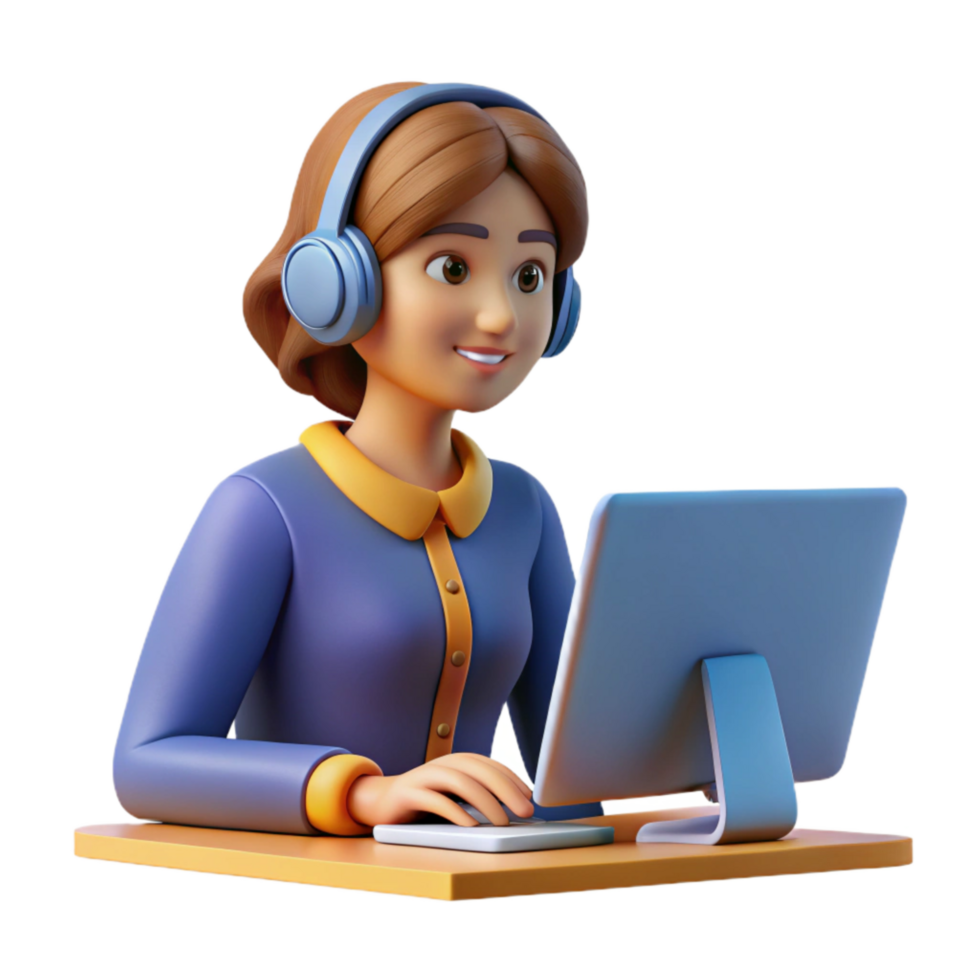 wonderful creative Woman with Headphones at Computer Cutout premium png