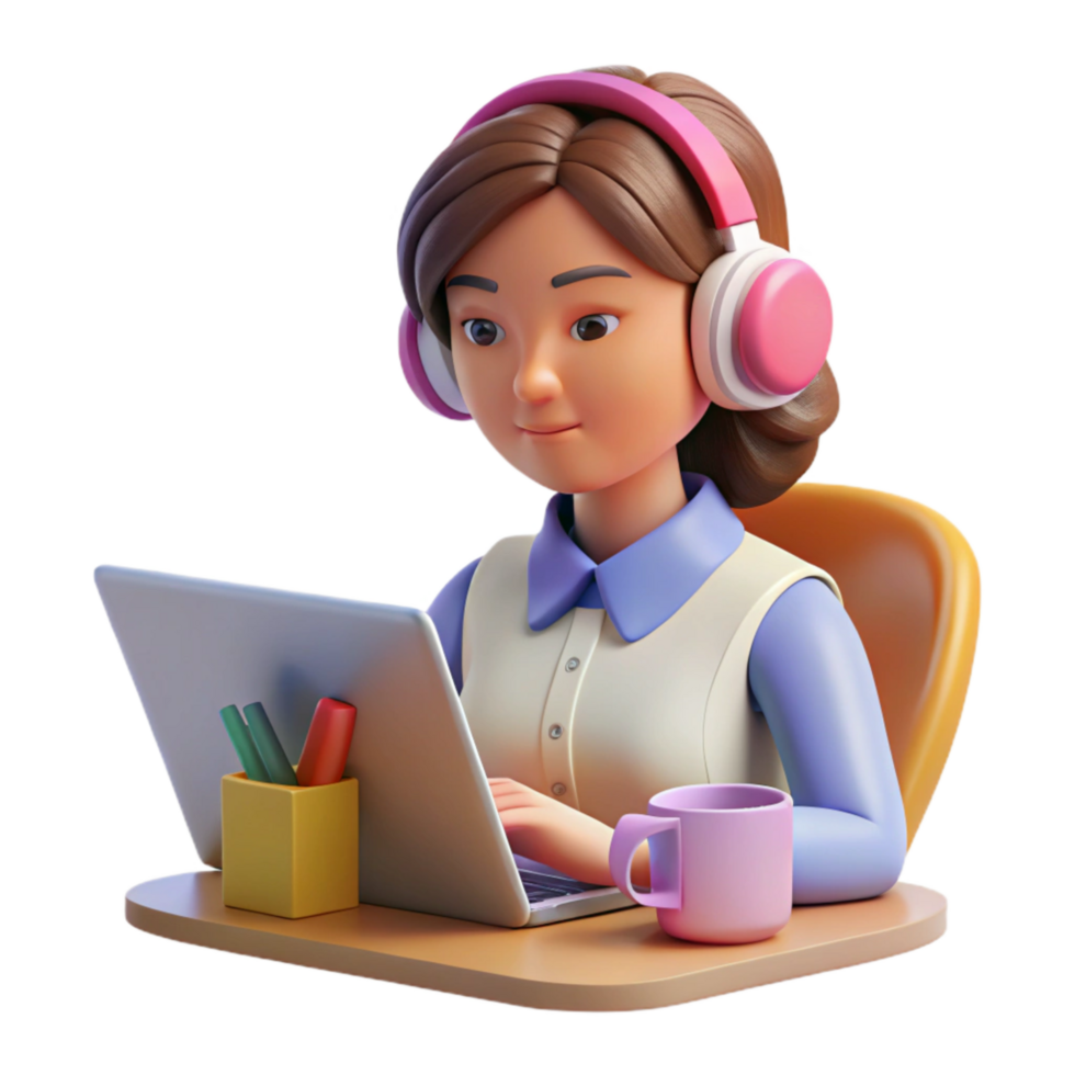 dramatic contemporary Woman with Headphones Taking Online Course Transparent Background genuine png