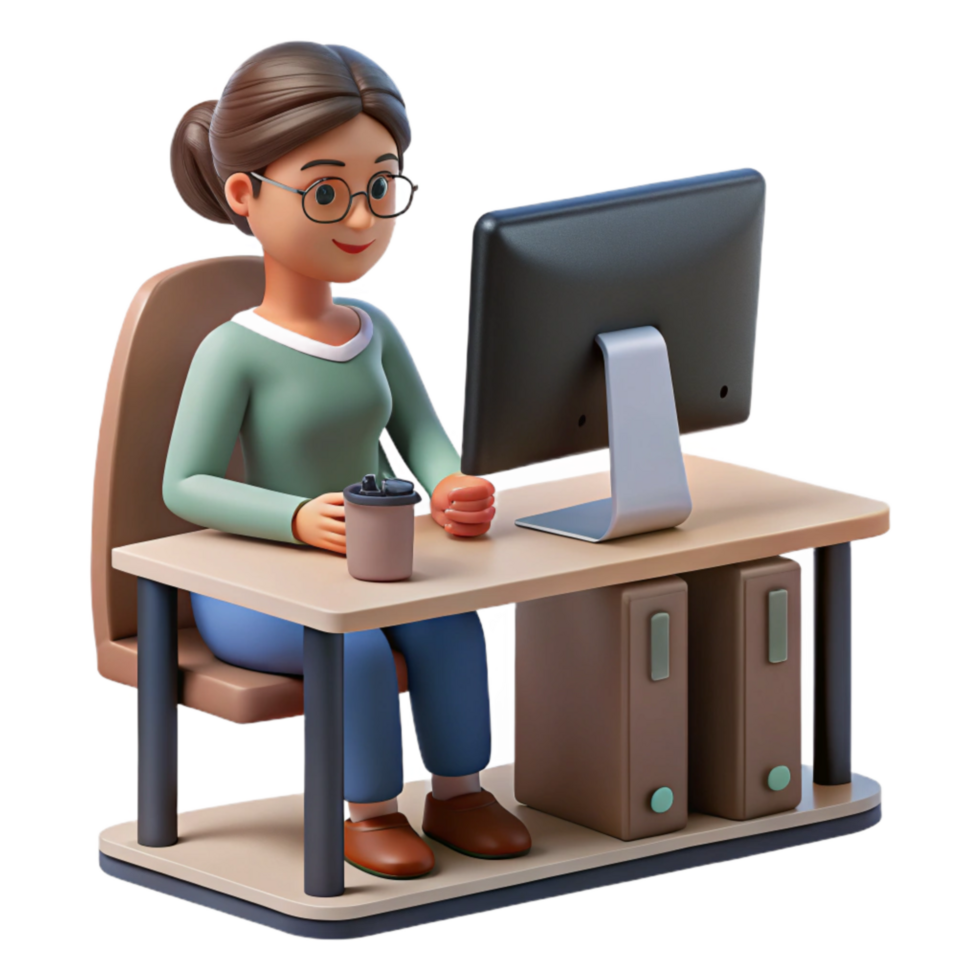 elegant artistic Woman Working on Desktop Computer Close Up Cutout high resolution png