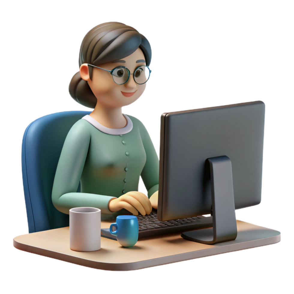 dramatic modern Woman Working on Desktop Computer Close Up Cutout png