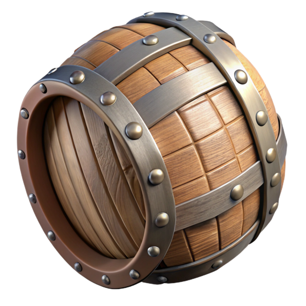 elegant artistic Wooden Barrel with Metal Hoops Isolated Element exclusive png