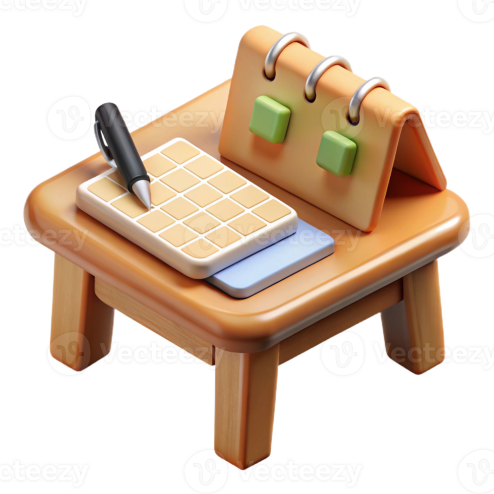 dramatic classic Wooden Desk with Calendar and Pen Top View Transparent Background premium png