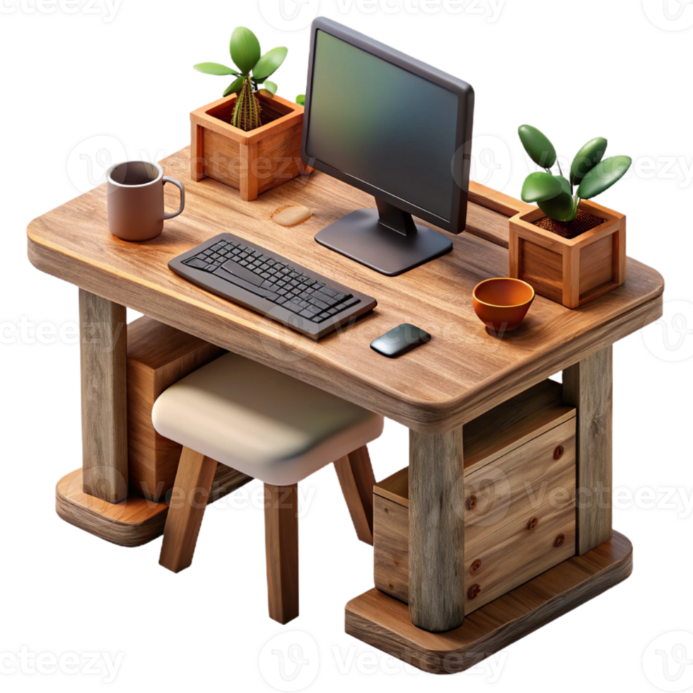 elegant minimalist Wooden Desk with Computer and Accessories Transparent Background genuine png