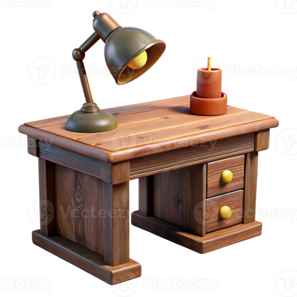 elegant vintage Wooden Desk with Lamp Front View Isolated premium png