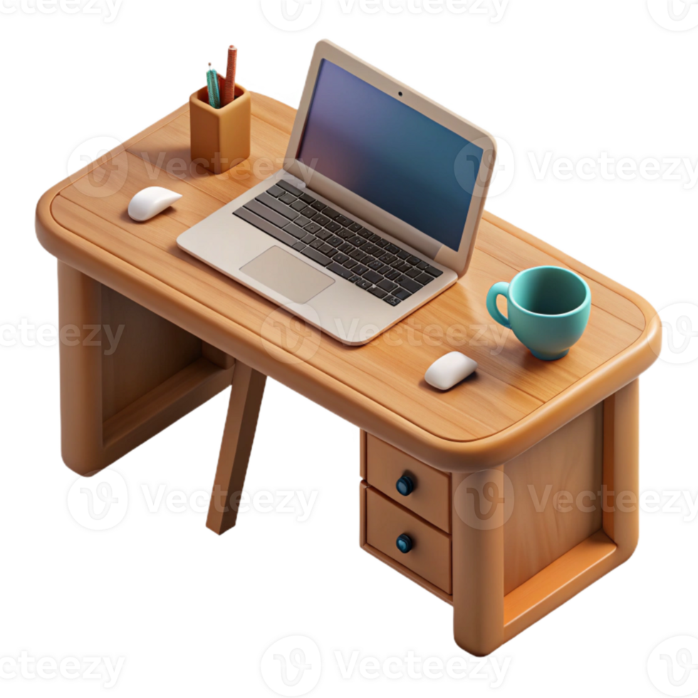 elegant artistic Wooden Desk with Laptop and Coffee Mug Top View Transparent Background high quality png