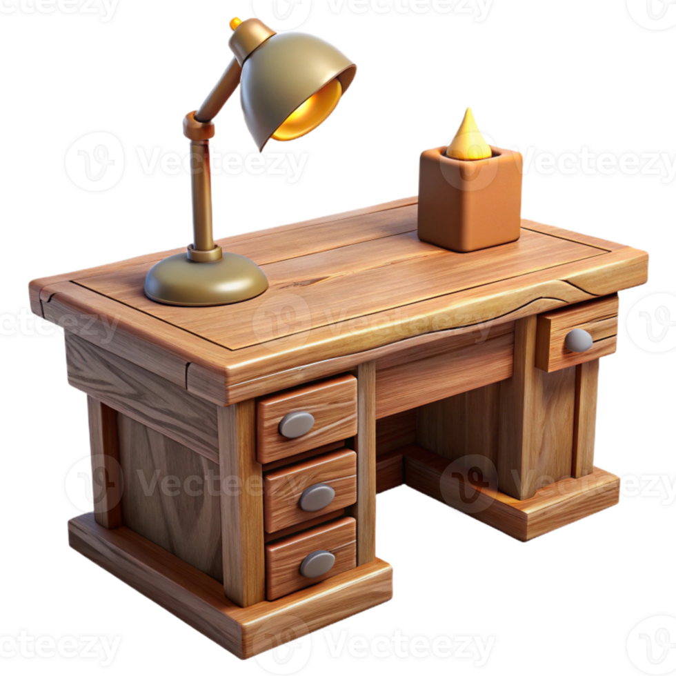 stunning artistic Wooden Desk with Lamp Front View Isolated professional png