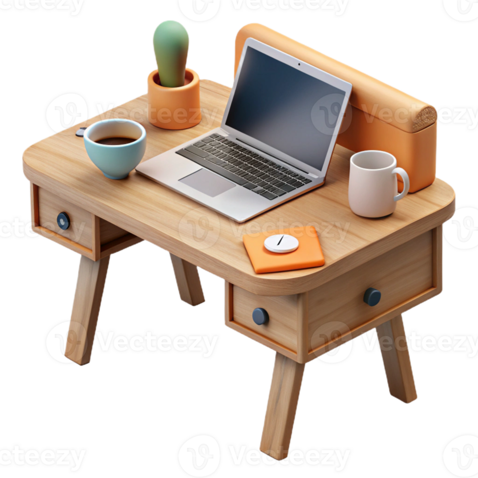 beautiful abstract Wooden Desk with Laptop and Coffee Mug Top View Transparent Background high resolution png