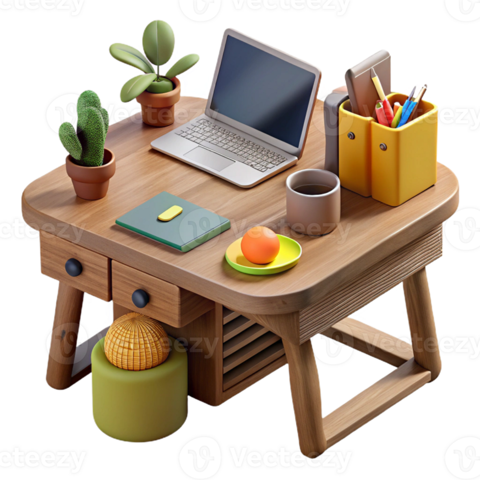 elegant classic Wooden Desk with Laptop and Coffee Mug Top View Transparent Background exclusive png