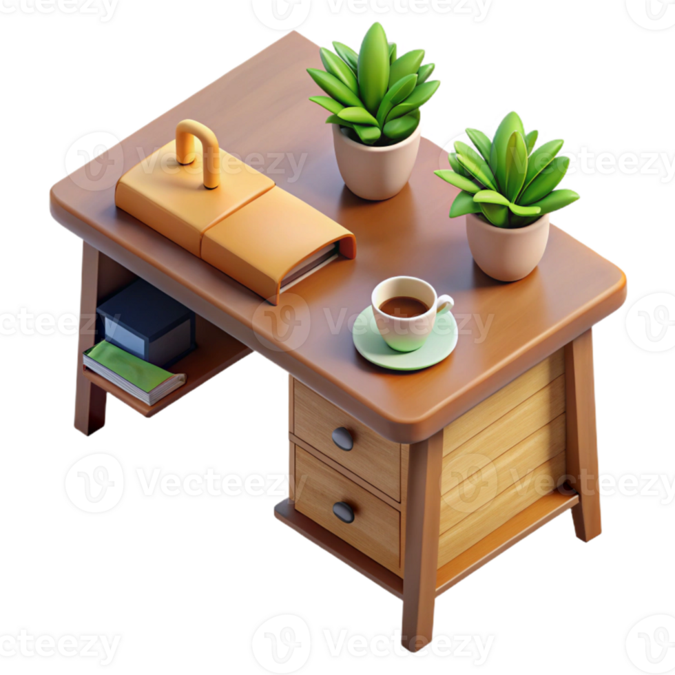 magnificent artistic Wooden Desk with Plant and Coffee Mug Top View Transparent Background png