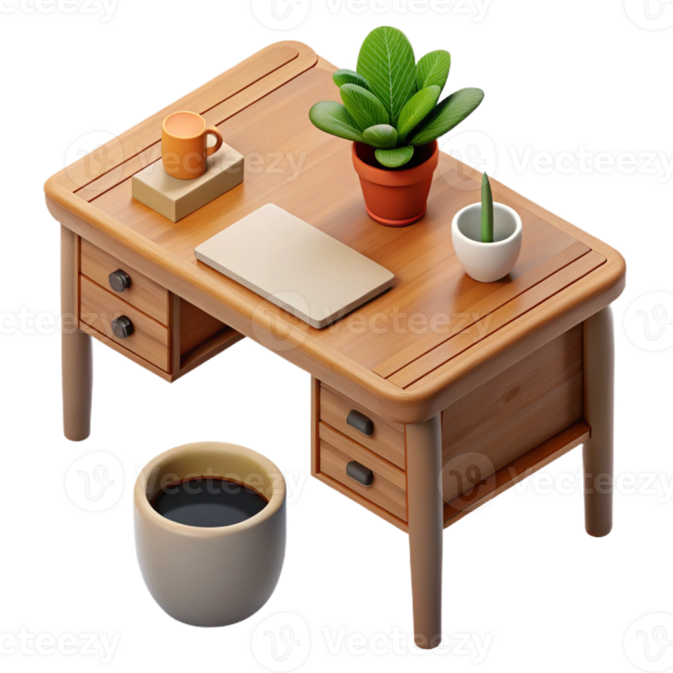 serene classic Wooden Desk with Plant and Coffee Mug Top View Transparent Background professional png