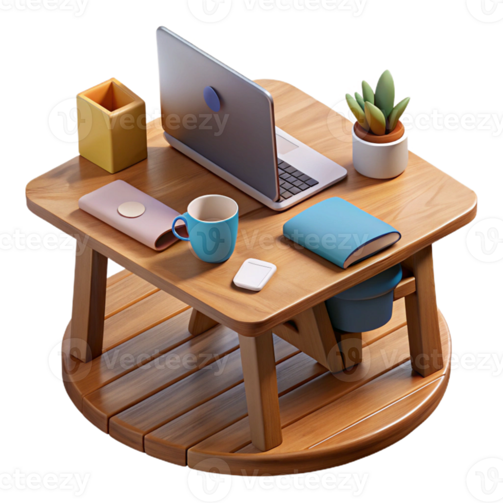 impressive rustic Wooden Desk with Laptop and Coffee Mug Top View Transparent Background detailed png