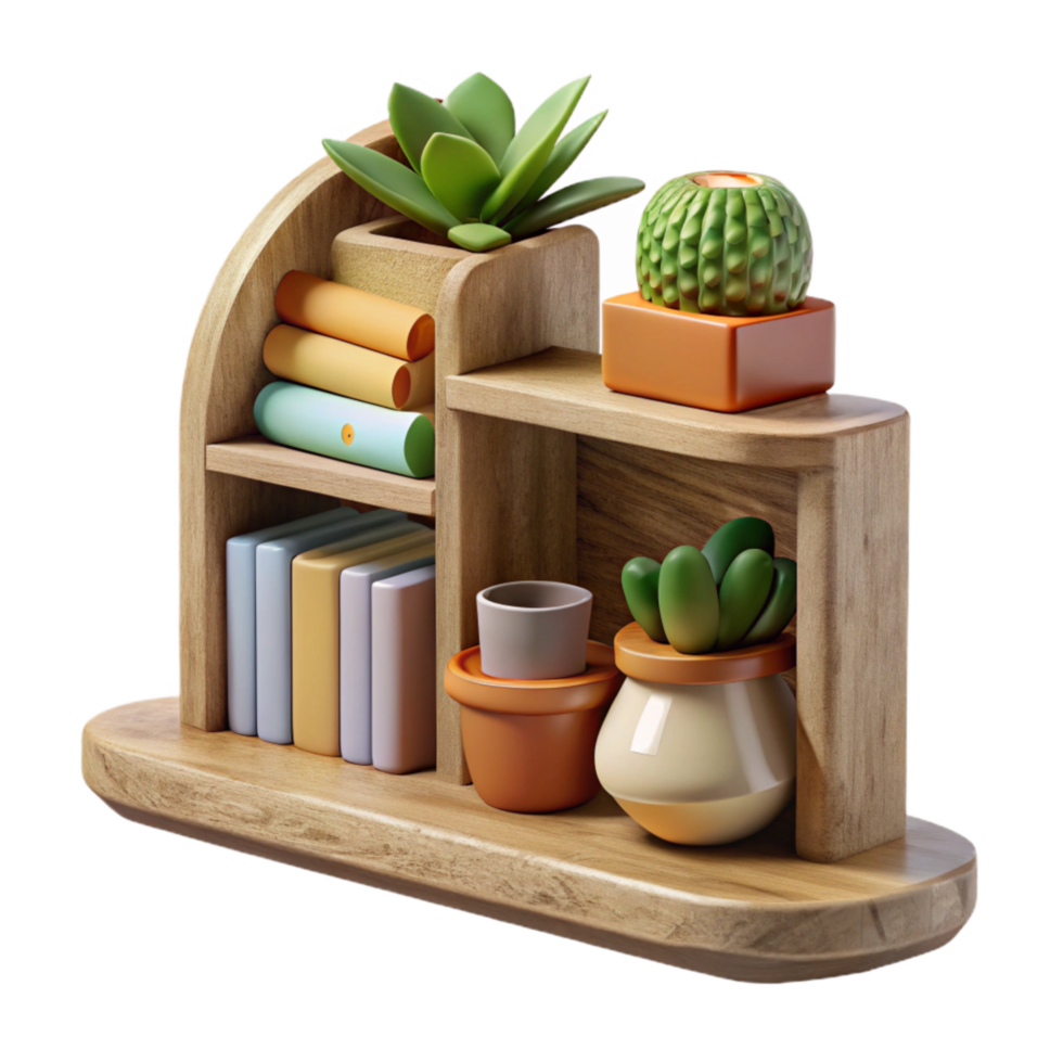 impressive artistic Wooden Shelf with Books and Plants Cutout premium png