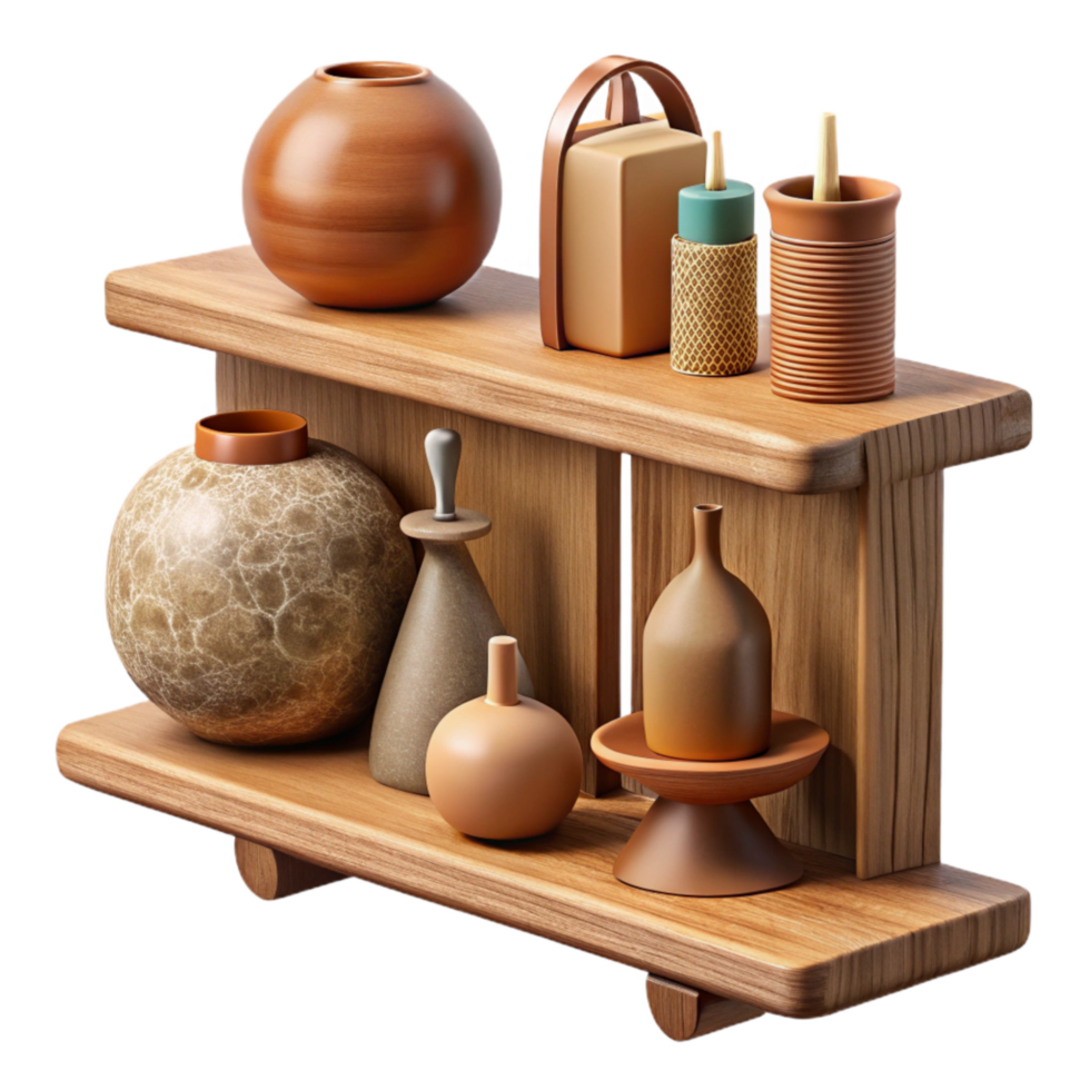 wonderful creative Wooden Shelf with Decorative Objects Isolated png