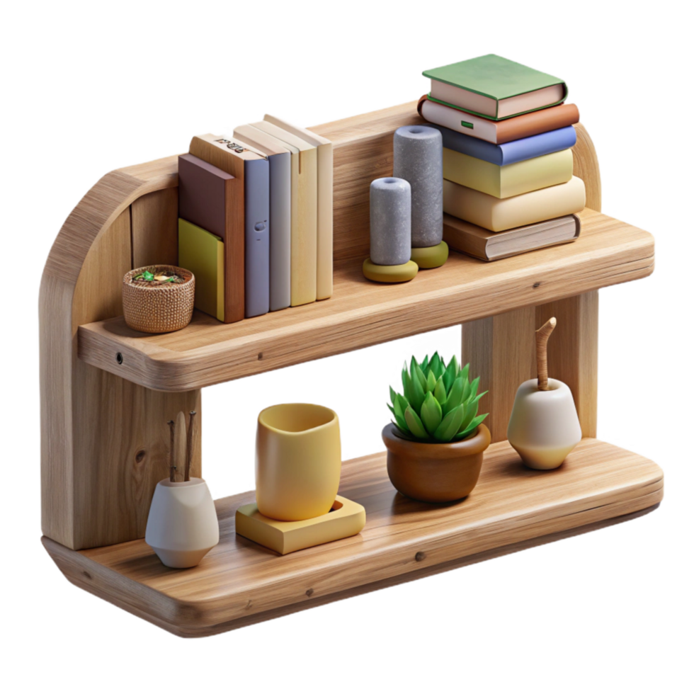 vibrant rustic Wooden Wall Shelf with Books and Decor Transparent Background high resolution png