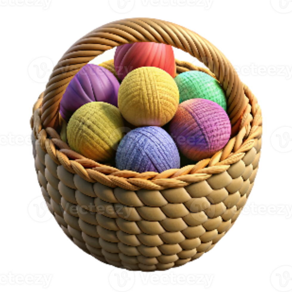 dramatic modern Woven Basket with Colorful Yarn Balls Isolated png