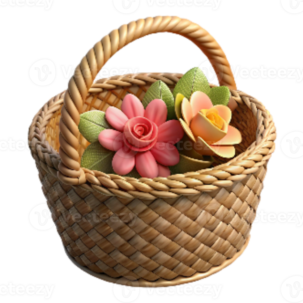 vibrant rustic Woven Basket with Flowers Isolated premium png