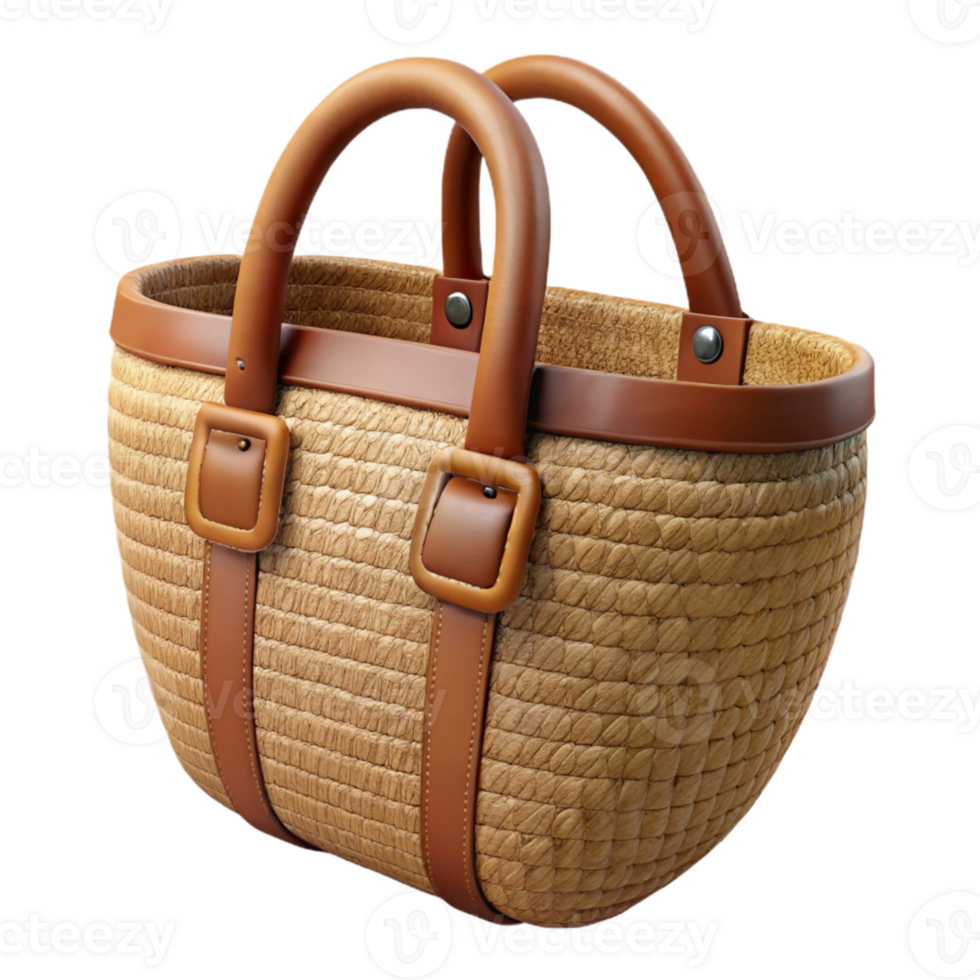 stunning modern Woven Raffia Bag with Leather Handles Isolated professional png