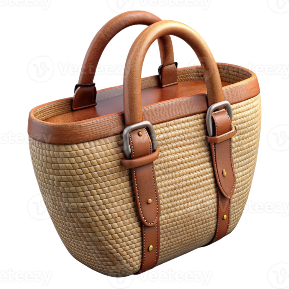 wonderful modern Woven Raffia Bag with Leather Handles Isolated high resolution png