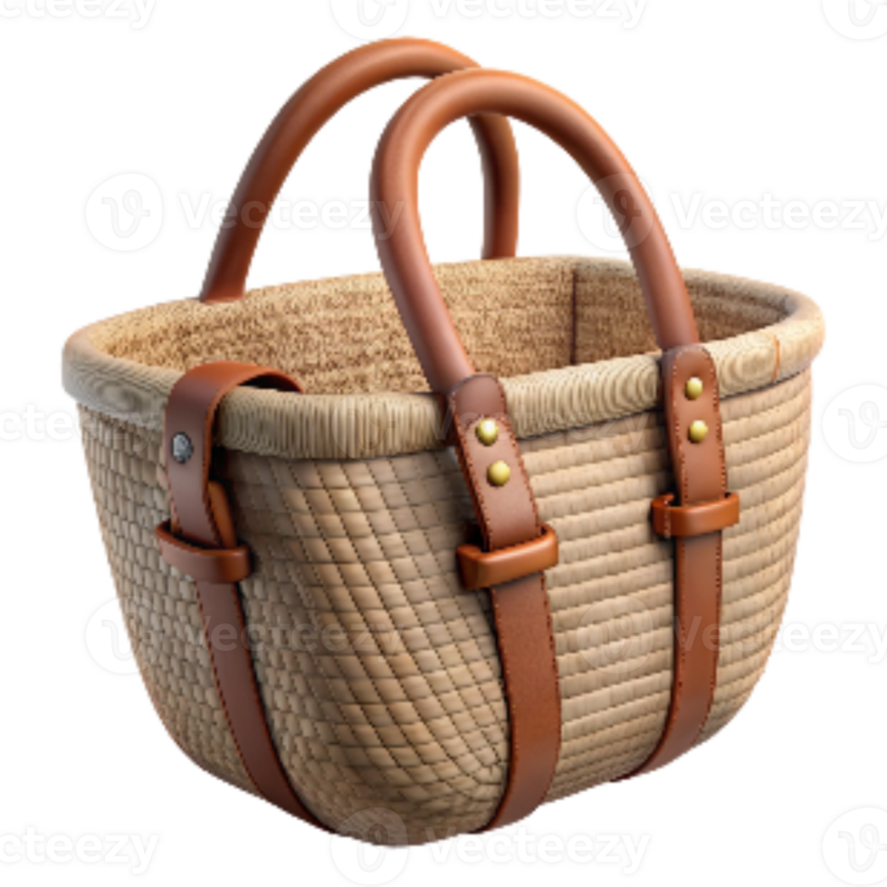 stunning rustic Woven Straw Bag with Leather Straps Isolated detailed png