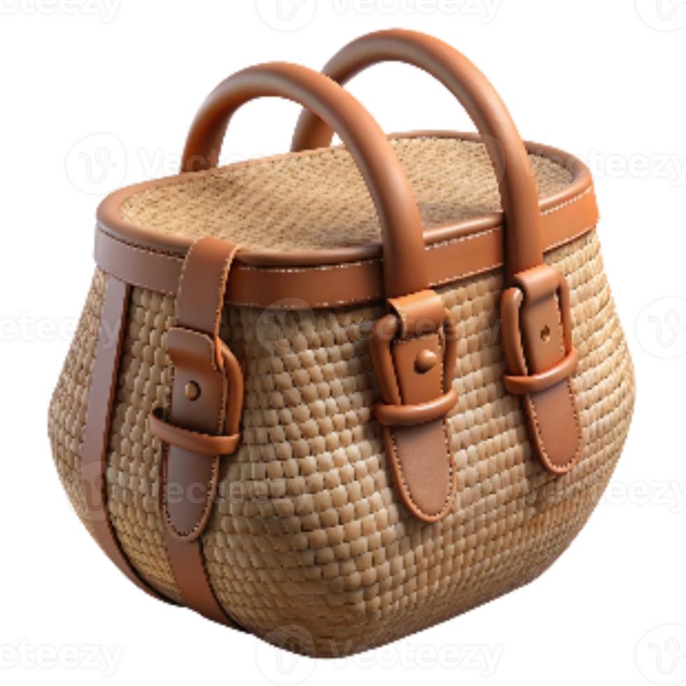 elegant modern Woven Straw Bag with Leather Straps Isolated original png