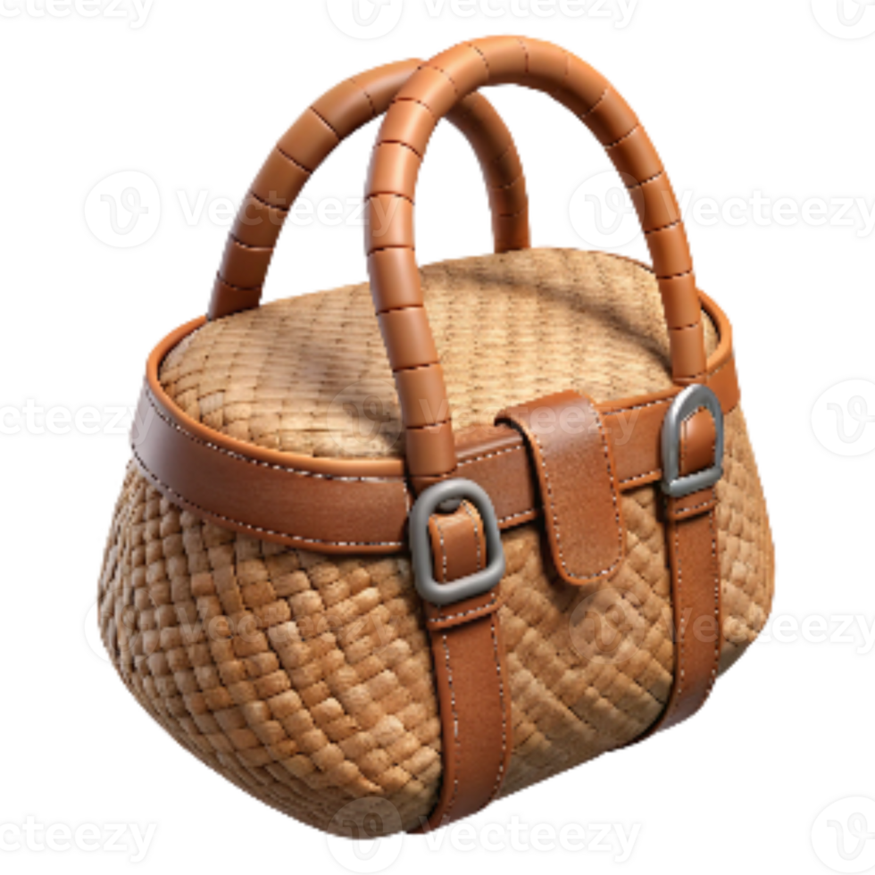 serene traditional Woven Straw Bag with Leather Straps Isolated high quality png