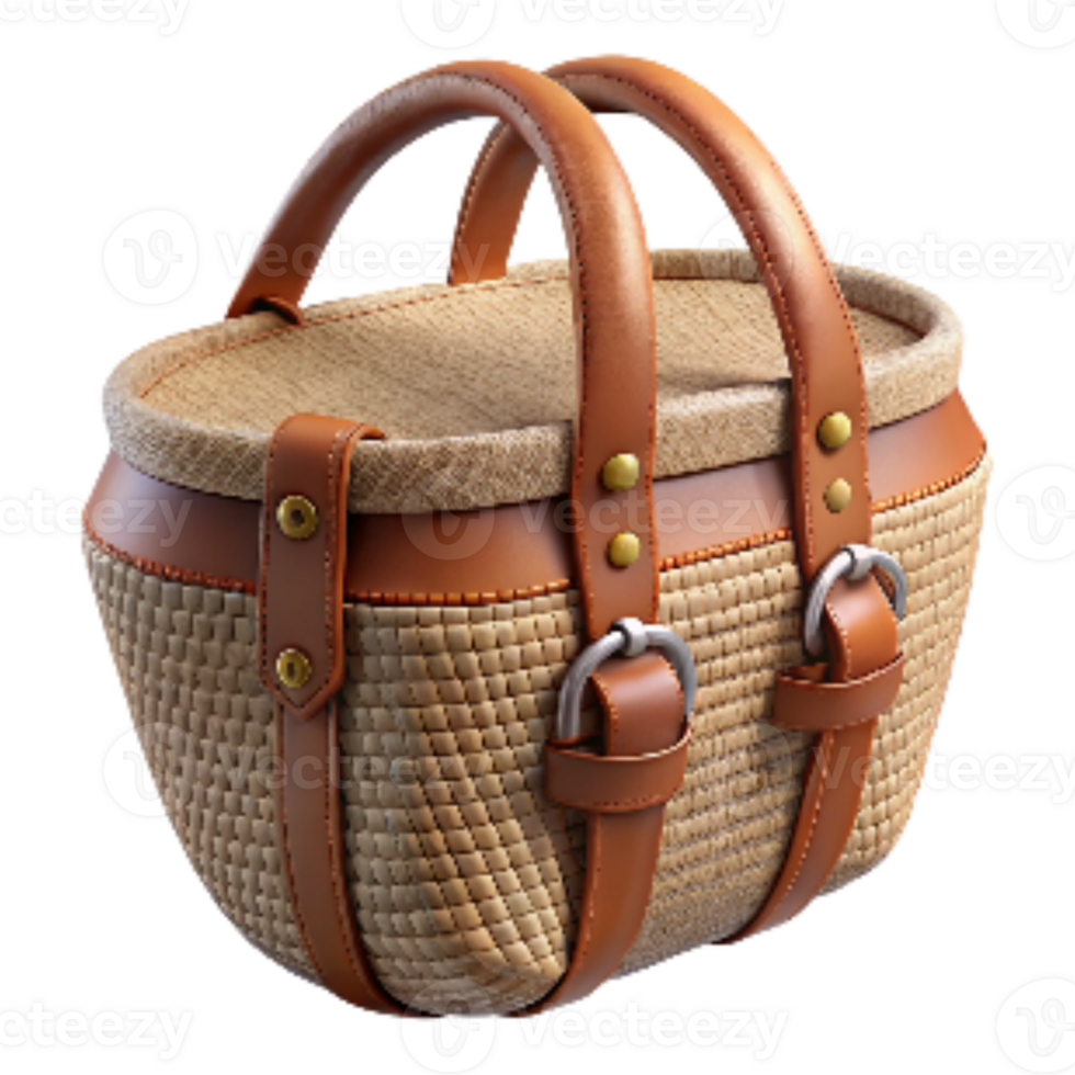 serene artistic Woven Straw Bag with Leather Straps Isolated high quality png