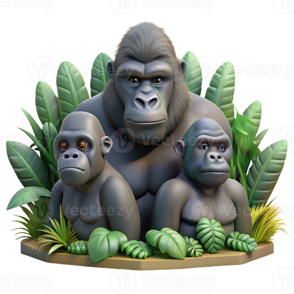 beautiful classic Gorilla Family Portrait Jungle Setting Isolated professional png