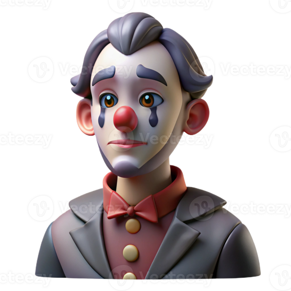 vibrant vintage Portrait of a melancholic clown with smeared makeup, a single tear rolling down their cheek, dim stage lighting, dark fantasy style, exclusive png