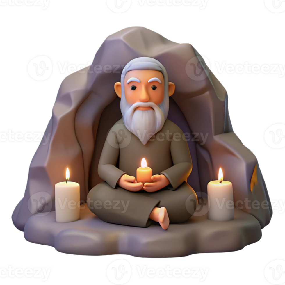 elegant rustic A wise old hermit meditating in a secluded cave, soft candlelight, zen style premium png