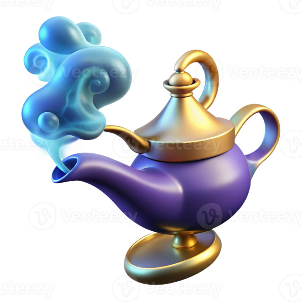 beautiful minimalist A powerful djinn emerging from a magic lamp, swirling smoke and light, Arabian Nights style authentic png