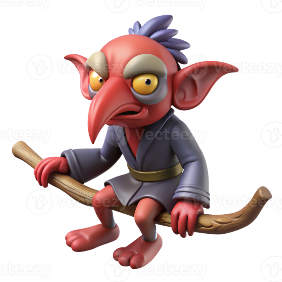 beautiful creative A tengu, a Japanese goblin with a long nose, perched on a tree branch, whimsical and mischievous style exclusive png