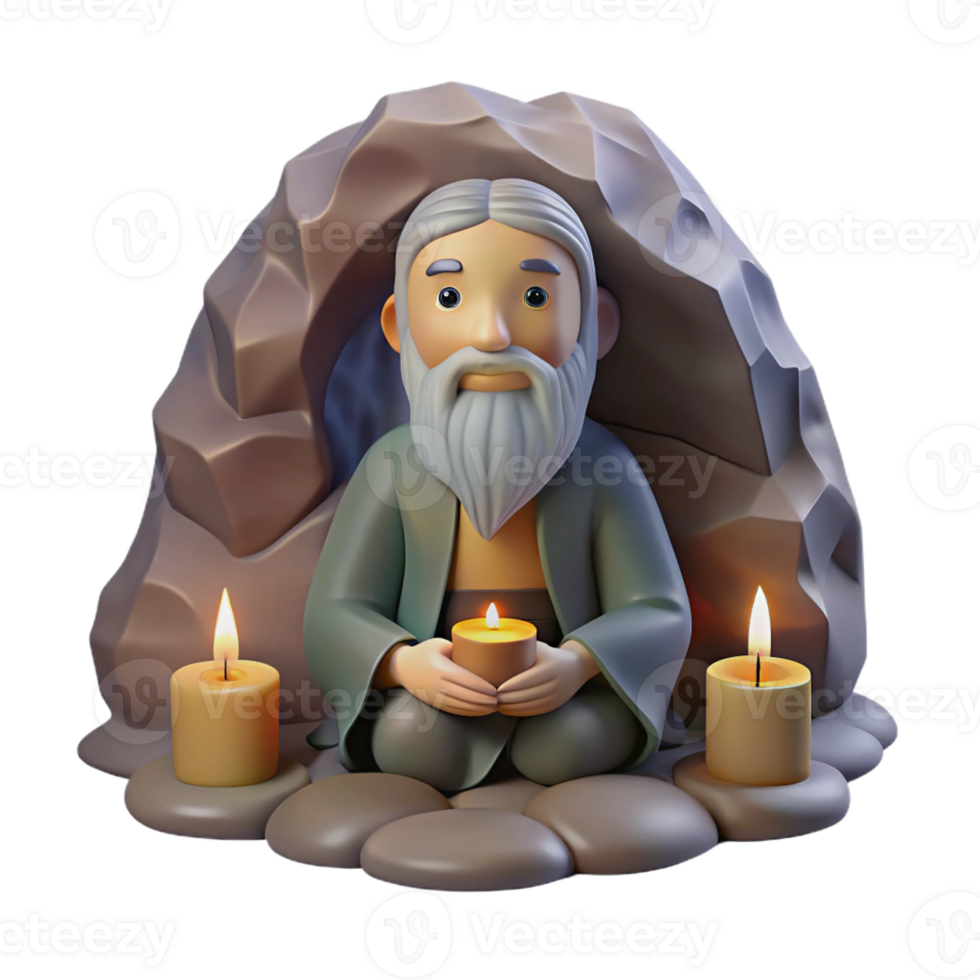 elegant abstract A wise old hermit meditating in a secluded cave, soft candlelight, zen style authentic png