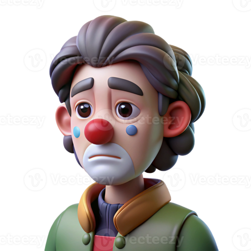 vibrant minimalist Portrait of a melancholic clown with smeared makeup and a single tear rolling down their cheek, dim, cool lighting, cinematic style original png