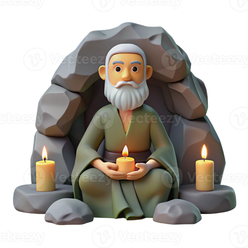 extraordinary modern A wise old hermit meditating in a secluded cave, soft candlelight, zen style high resolution png