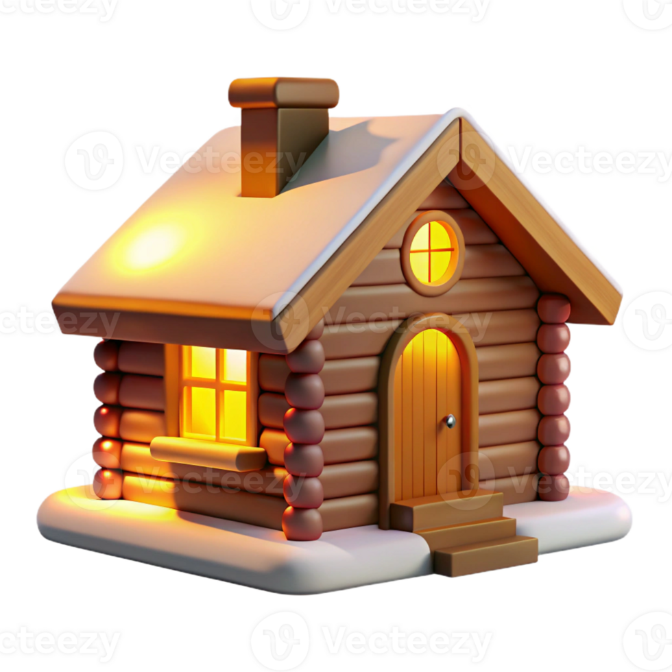 elegant minimalist A wooden cabin in a snowy forest, warm interior light spilling out, cozy and inviting, Christmas card illustration style high resolution png