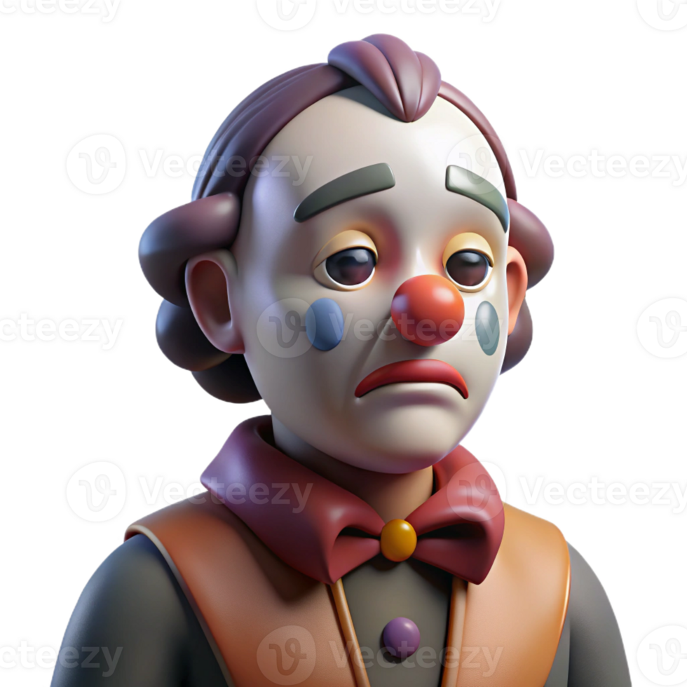 serene minimalist Portrait of a melancholic clown with smeared makeup and a single tear rolling down their cheek, dim, cool lighting, cinematic style premium png