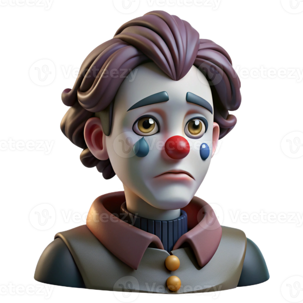dramatic minimalist Portrait of a melancholic clown with smeared makeup, a single tear rolling down their cheek, dim stage lighting, dark fantasy style, original png