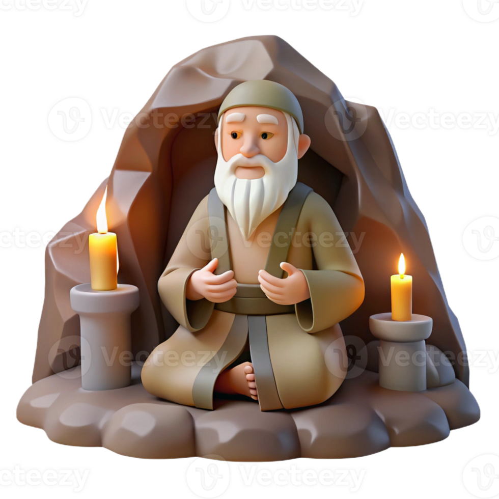 elegant rustic A wise old hermit meditating in a secluded cave, soft candlelight, zen style authentic png
