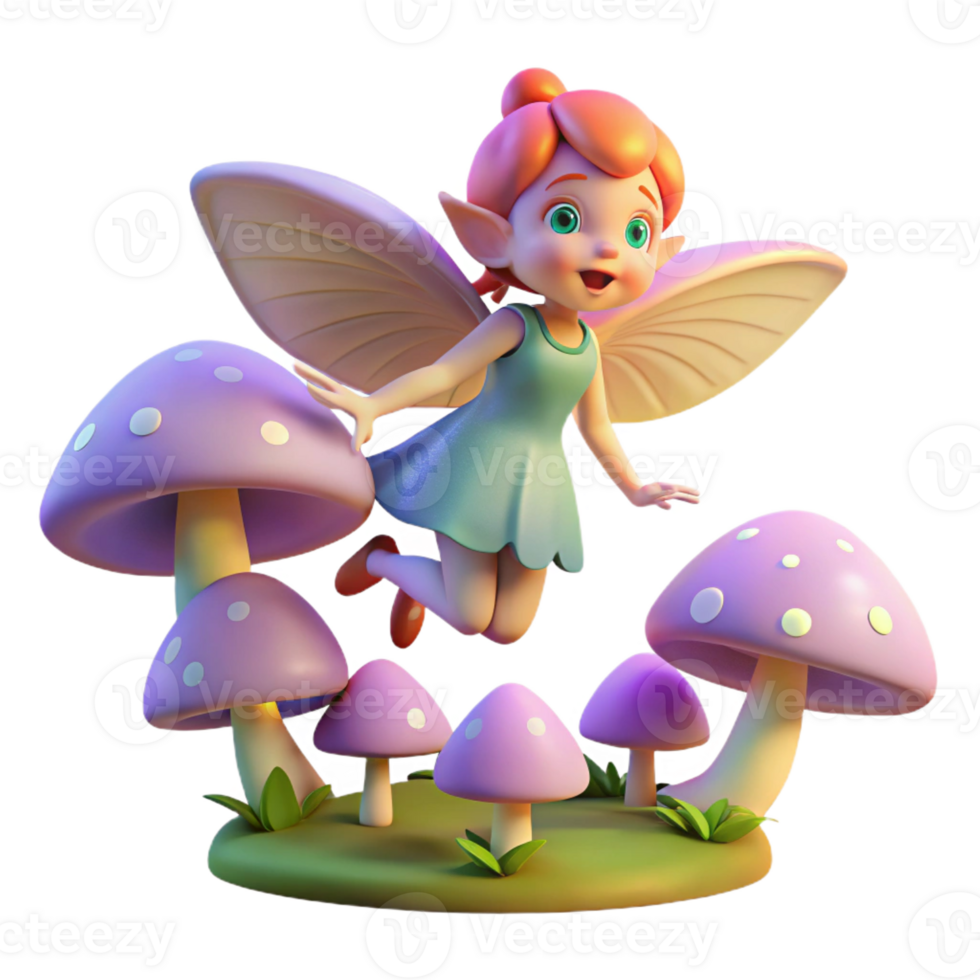 serene rustic A mischievous pixie with iridescent wings hovering over a field of glowing mushrooms, soft focus, children's book illustration detailed png