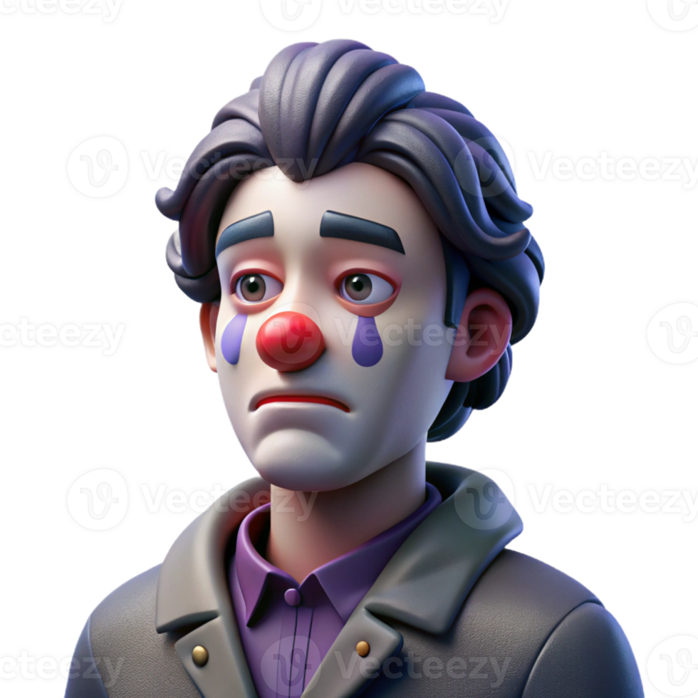 beautiful artistic Portrait of a melancholic clown with smeared makeup and a single tear rolling down their cheek, dim, cool lighting, cinematic style 4K png
