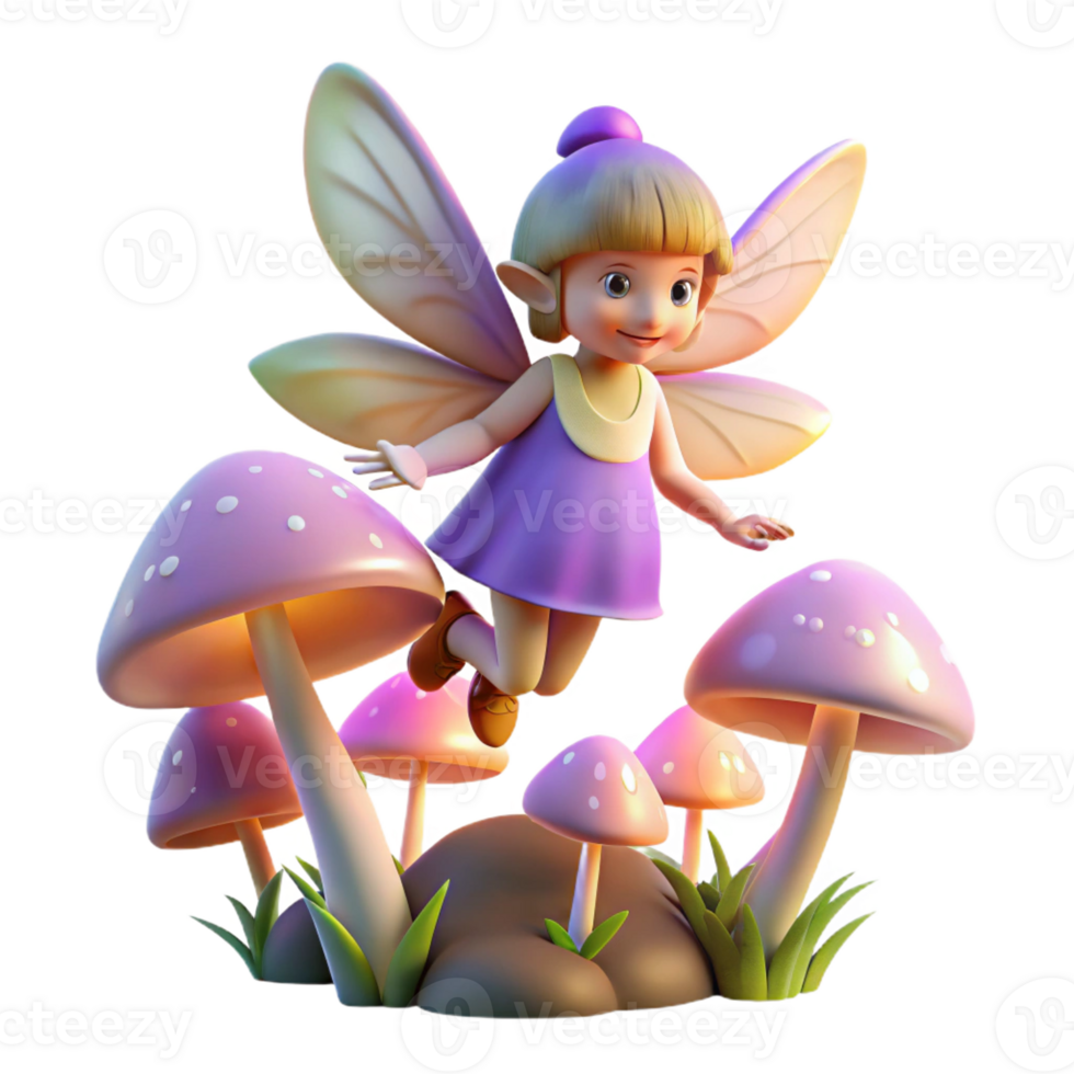 elegant creative A mischievous pixie with iridescent wings hovering over a field of glowing mushrooms, soft focus, children's book illustration genuine png