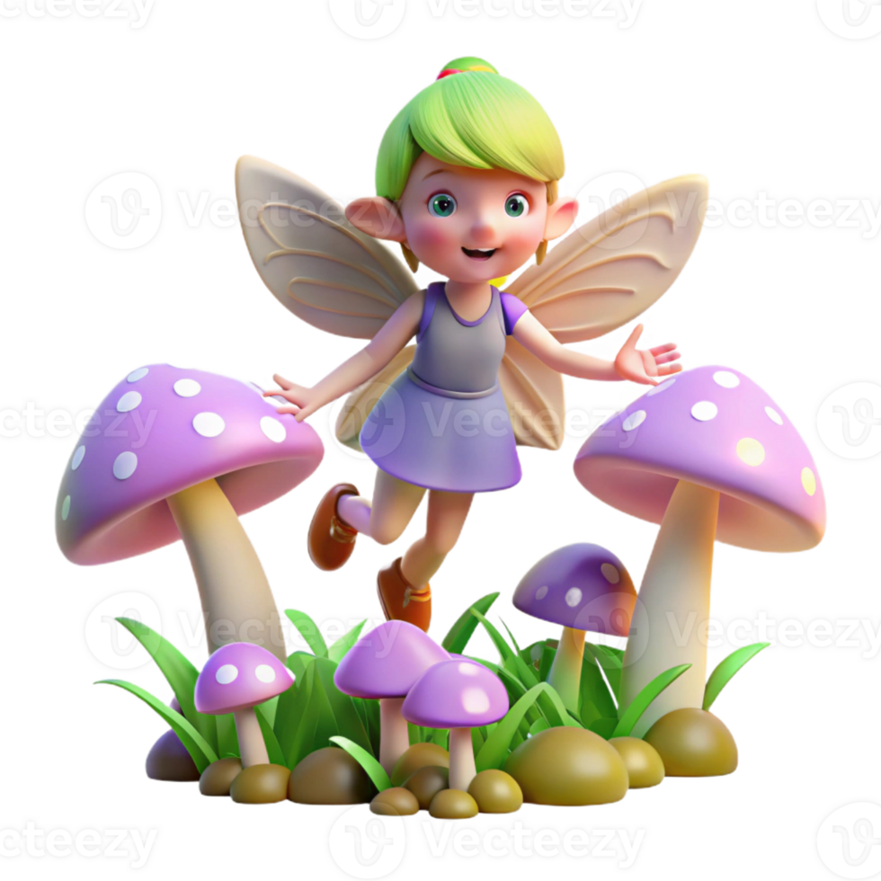 extraordinary contemporary A mischievous pixie with iridescent wings hovering over a field of glowing mushrooms, soft focus, children's book illustration exclusive png