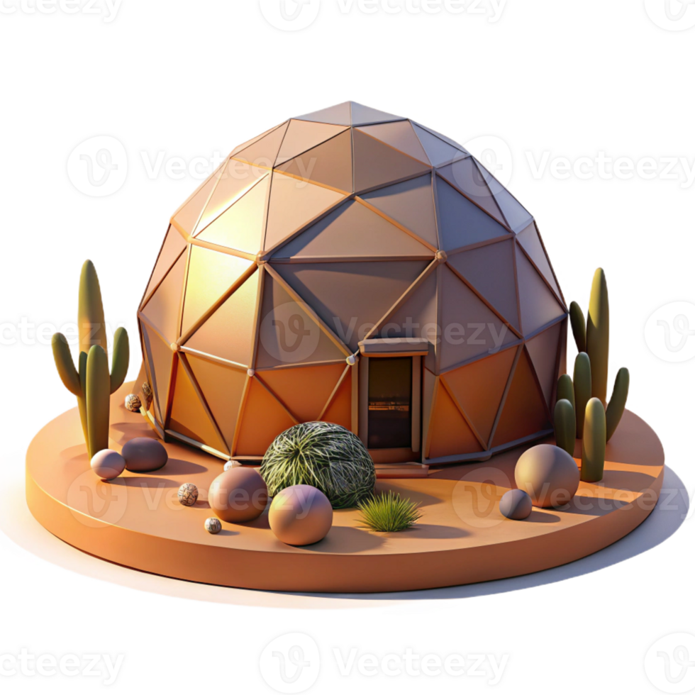 dramatic creative A geodesic dome home, surrounded by a desert landscape, sunset, warm color palette authentic png