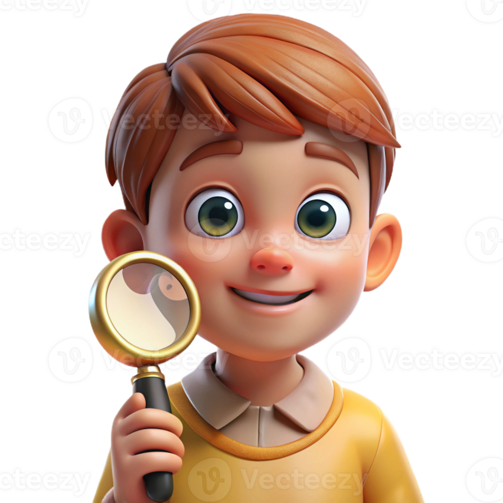 wonderful creative Portrait of a young boy with bright, curious eyes, holding a magnifying glass, soft natural light, vintage photograph style, genuine png