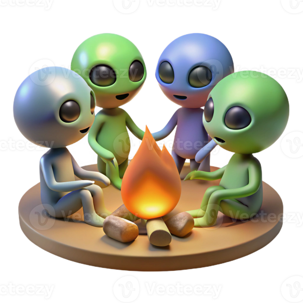 serene traditional A group of aliens gathered around a campfire, warm, firelight, tribal style premium png