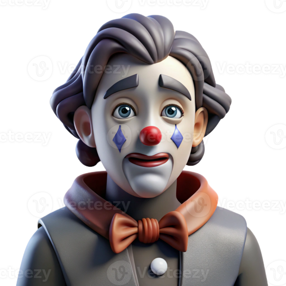 elegant modern Portrait of a melancholic clown with smeared makeup, a single tear rolling down their cheek, dim stage lighting, dark fantasy style, 4K png