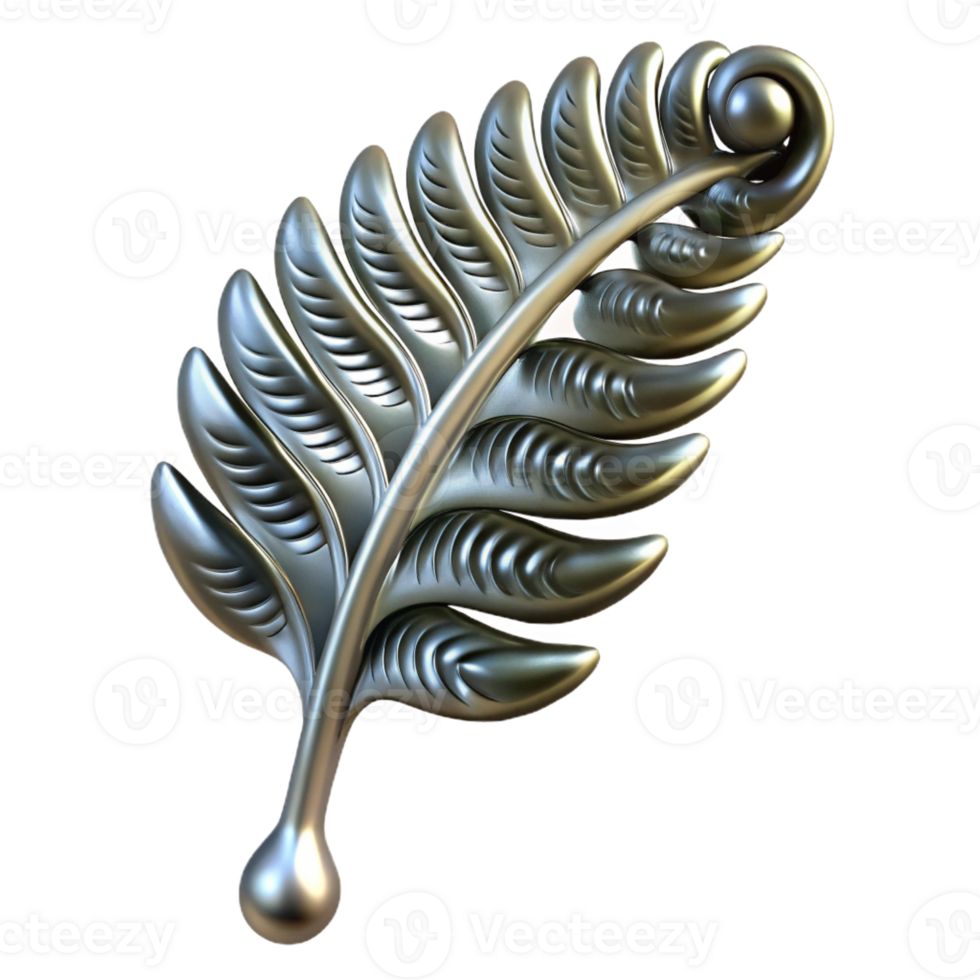 beautiful rustic A single, unfurling fern frond made of polished chrome, reflecting distorted images of its surroundings, with soft, ambient lighting high quality png