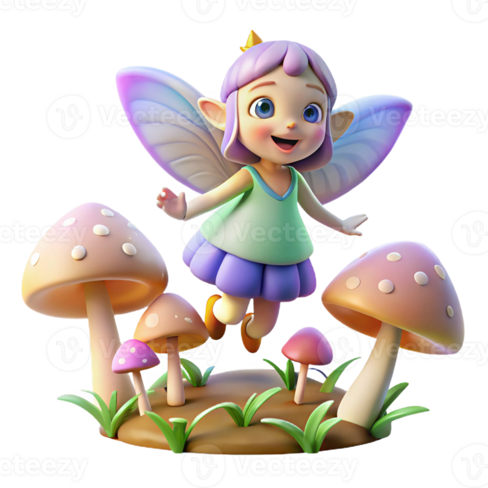 stunning abstract A mischievous pixie with iridescent wings hovering over a field of glowing mushrooms, soft focus, children's book illustration original png
