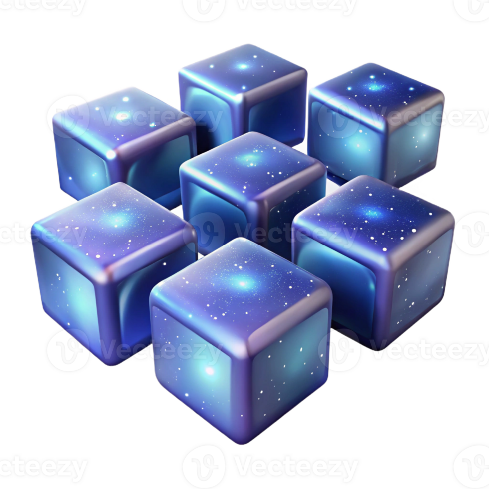 dramatic minimalist A field of floating, translucent cubes, each containing a miniature galaxy, illuminated by the light of the galaxies within premium png